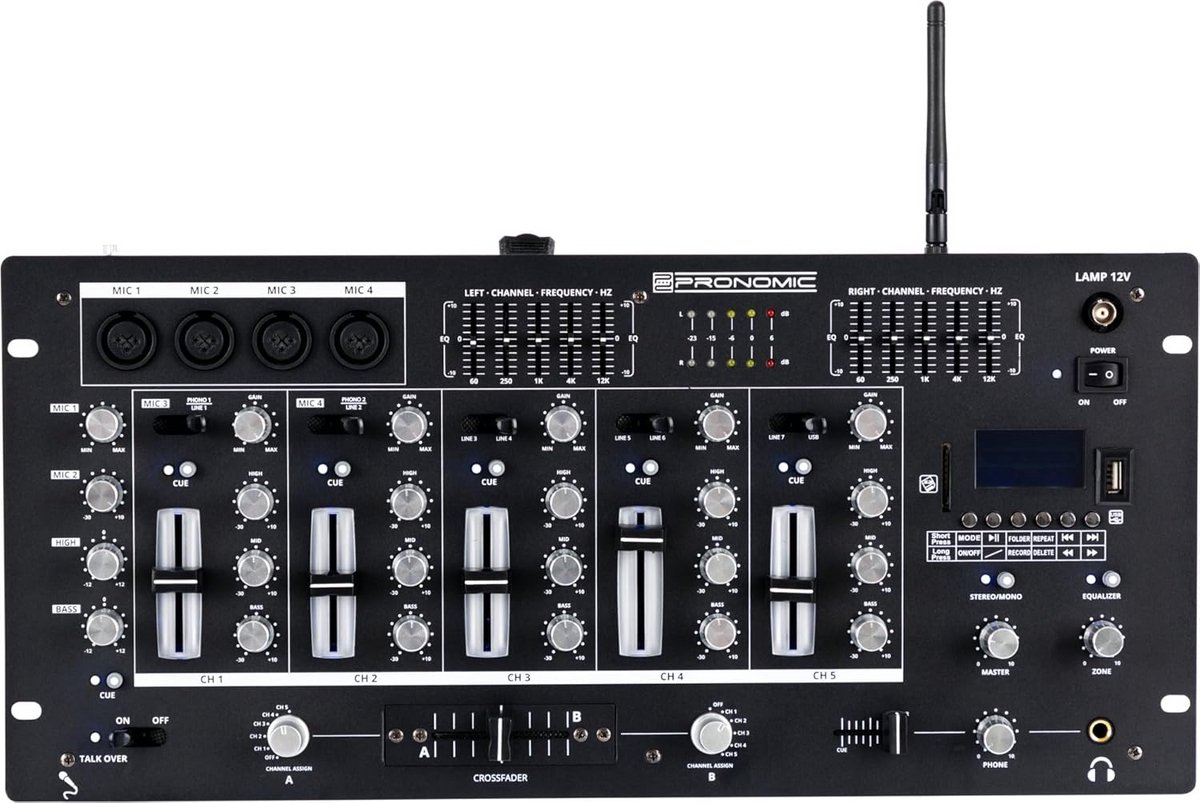 5-kanaals DJ Mixer met USB, SD, Bluetooth en Opnamefunctie