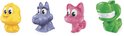 Vier speelstukken voor Monopoly Junior: een gele kip, een paarse nijlpaard, een roze kat en een groene krokodil.
