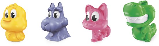 Vier speelstukken voor Monopoly Junior: een gele kip, een paarse nijlpaard, een roze kat en een groene krokodil.