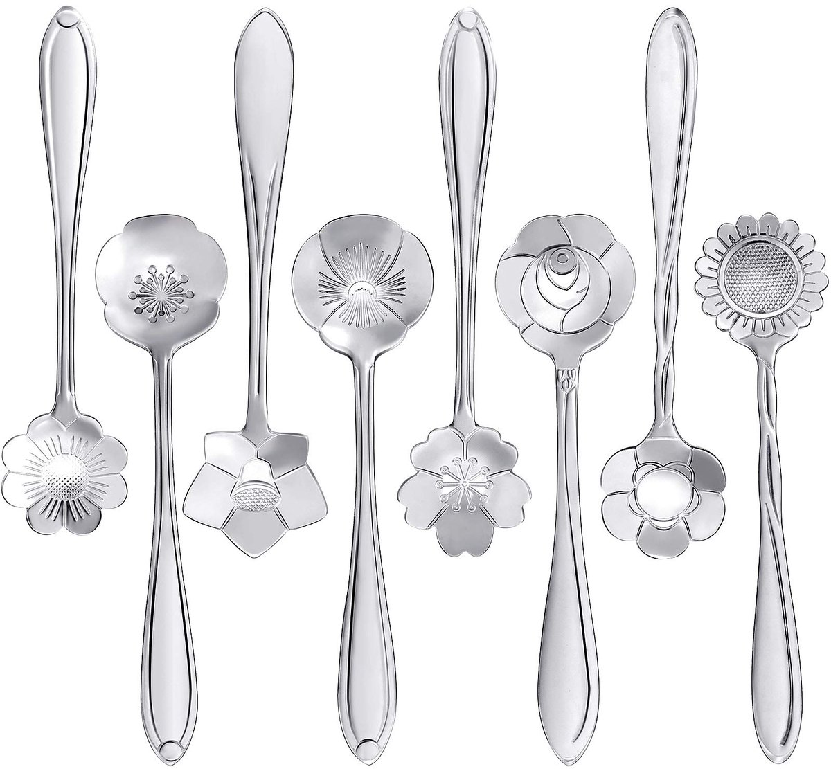 6 stuks - Lepels- lepelset - Koffielepel – RVS - Dessertlepelset – 12 cm – IJsschep – Theelepel – Suikerlepel - Bloemmotief - Geschenkset - Zilver
