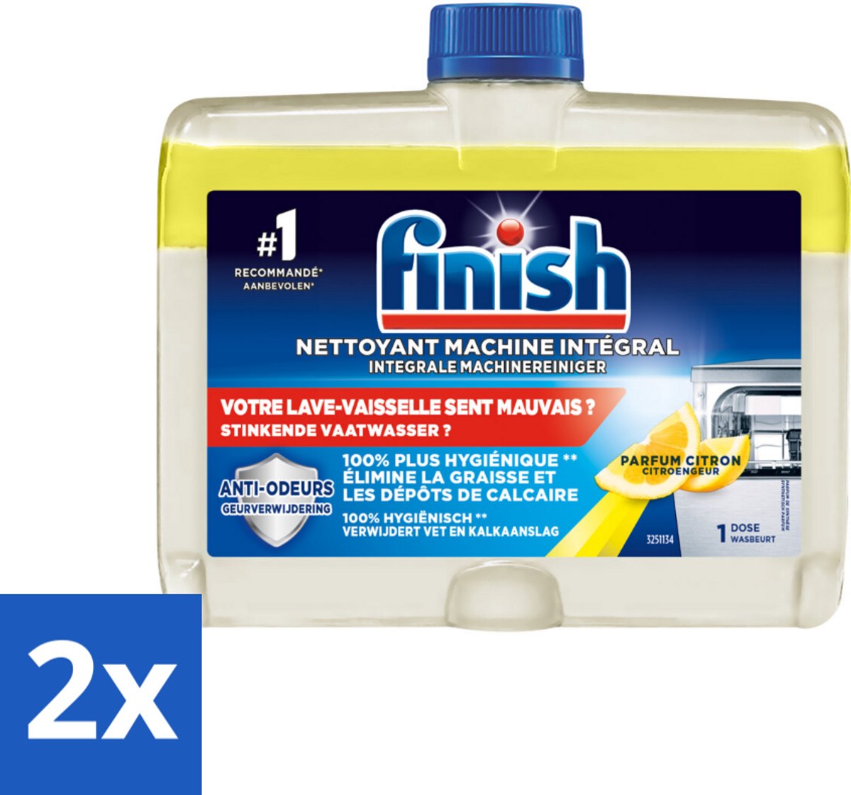 2 x Finish - Vaatwasmiddel - Hygiene Machinereiniger Lemon - Hygiënische Reiniging - 250 ml - Vaatwasser Reiniger - Vaatwasser Ontkalken - Vaatwasser Schoonmaken - Vaatwasser Onderhoud - Finish Reiniger