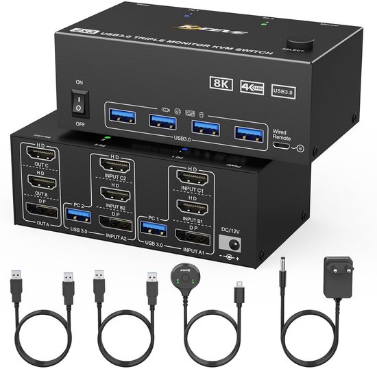 KCEVE KC-KVM302DP USB 3.0 Dual Monitor 8K 30Hz KVM Switch, Plug Type:U
