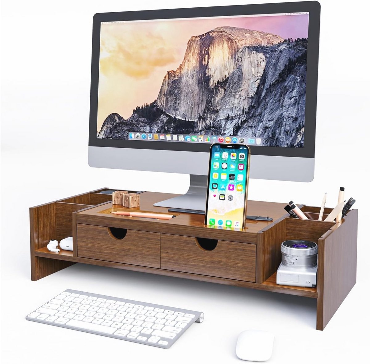 Luxe Bamboe Monitorstandaard met Verstelbare Opslag en Laden voor Laptop, TV en Printer