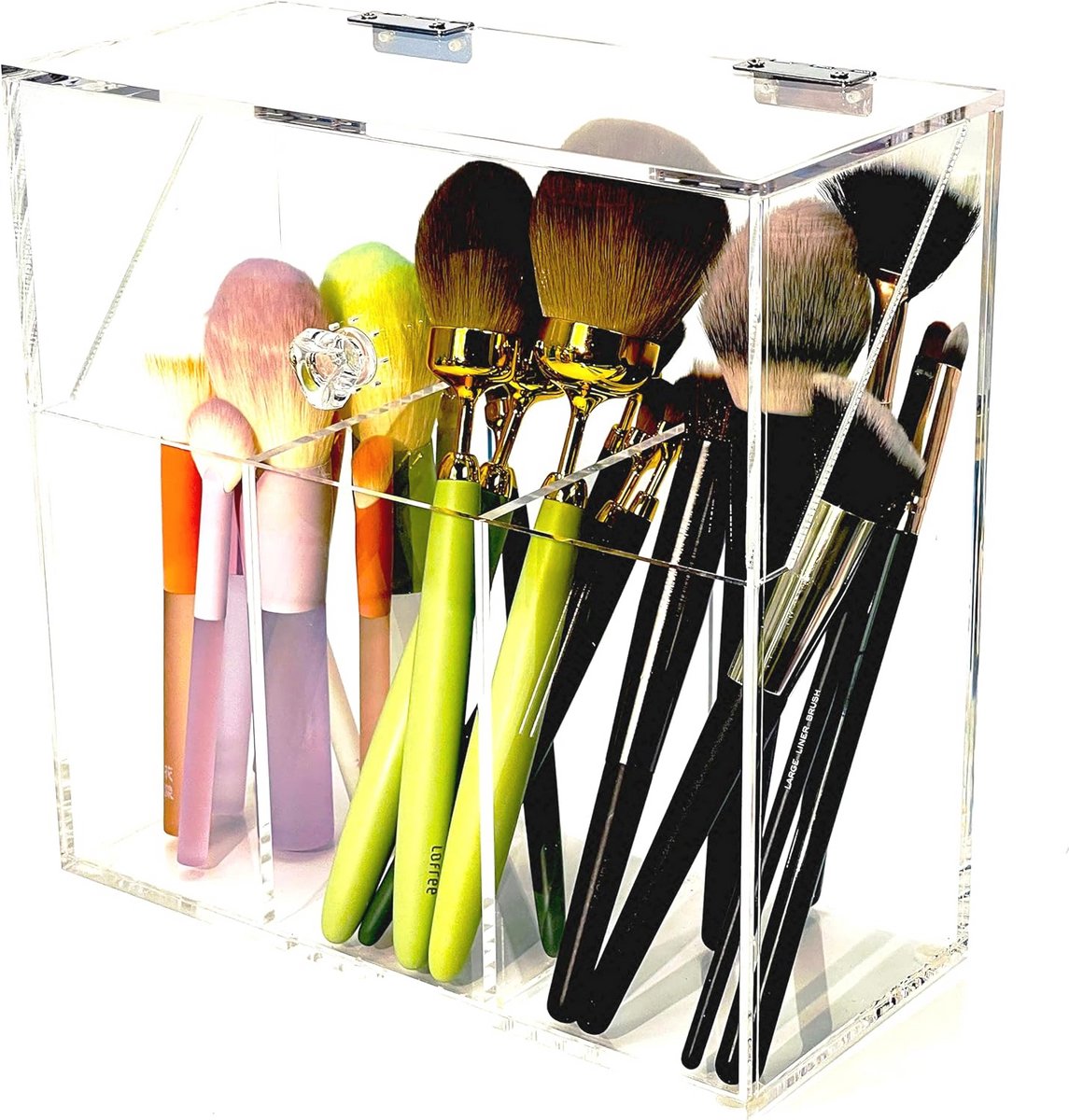 Acryl Make-up Organizer met Cosmetische Borstelhouder - Doorzichtige Opbergdoos met 3 Borstelhouders en Stofkap - Grote Capaciteit en Split Ontwerp