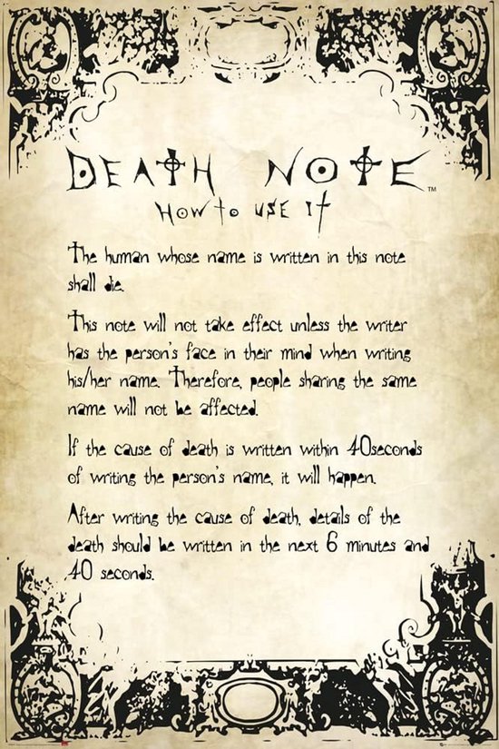 Maxi poster met de regels van Death Note: 'The human whose name is written in this note shall die.'