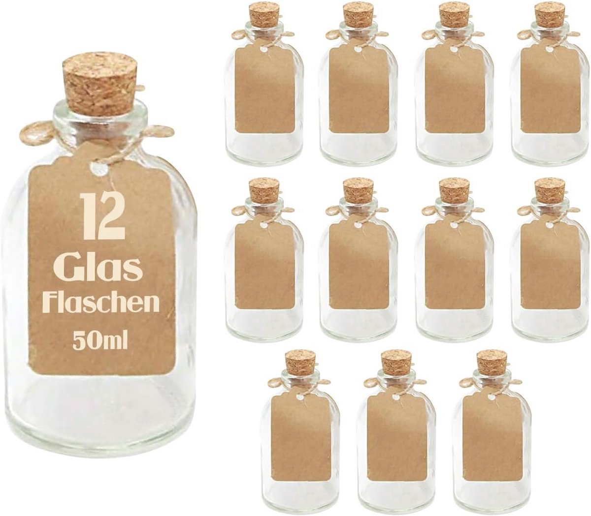 Herbruikbare luchtdichte kurkdeksels voor glazen flessen - 12 x 50 ml