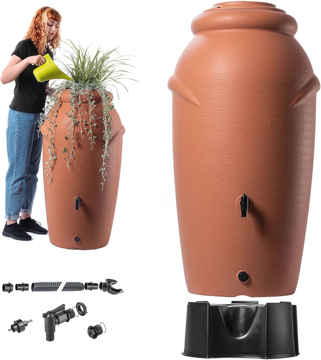 Kunststof Regenton 210 Liter met Standaard en Kraan - Vorstbestendige Regenwatertank met Plantenbak