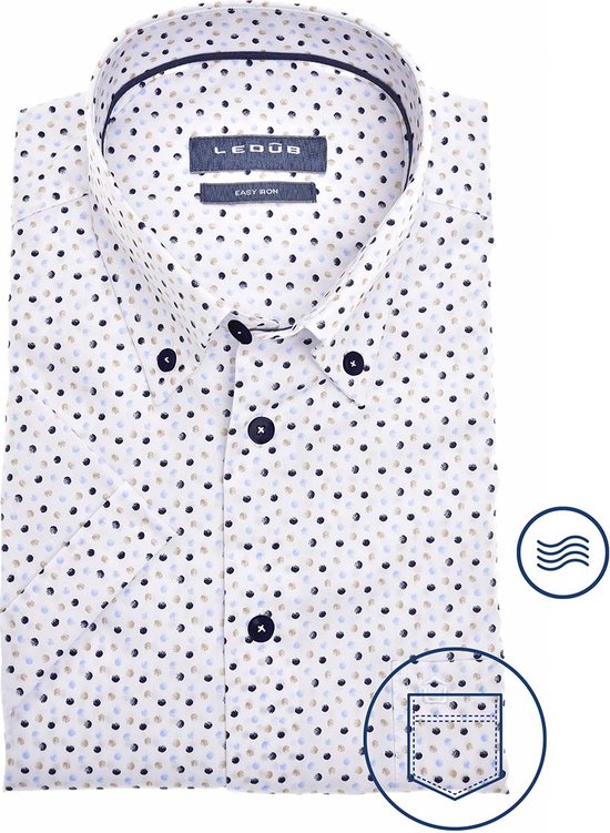 Ledub modern fit overhemd - korte mouw - wit met donkerblauw dessin - Strijkvriendelijk - Boordmaat: 43