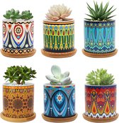 Vetplantpot van 7,5 cm, keramische cactusplantpot met mandala-patroon, kleine plantenpot voor binnen en buiten met bamboeschotel, set van 6