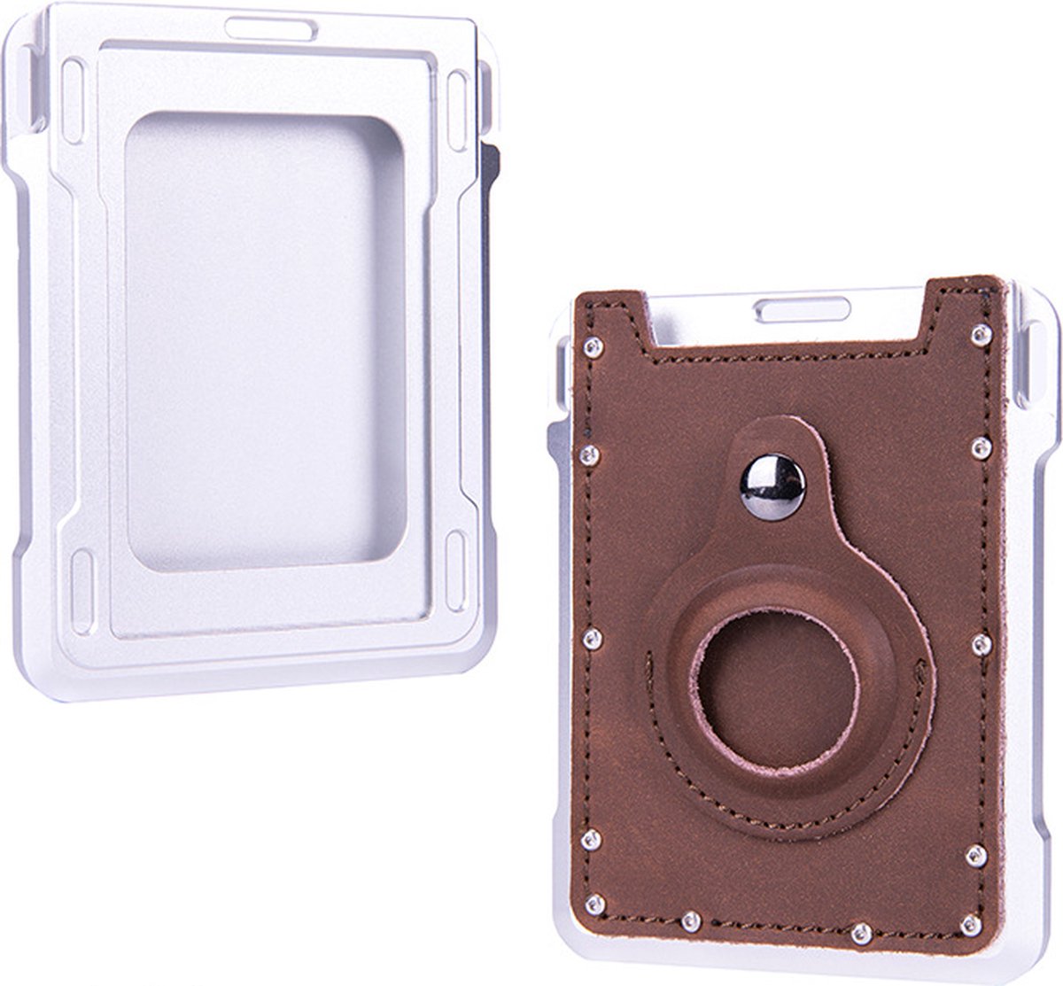 Uitschuifbare Pasjeshouder met Airtag Tracker Case - Pasjeshouder - Uitschuifbaar - Airtag - RFID beveiliging - Kunstleer|Aluminium - Donkerbruin