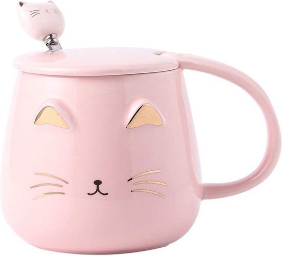 Roze kattenmok Cute Kitty keramische koffiemok met roestvrijstalen lepel voor kattenliefhebbers vrouwen meisjes