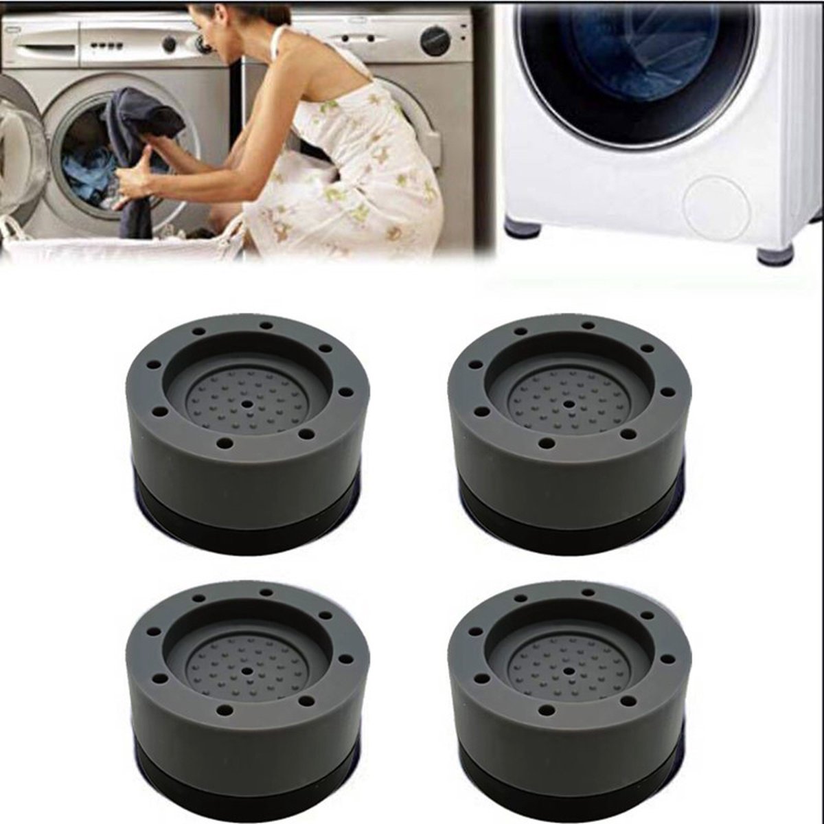 Trildemper voor wasmachine, 4 stuks, universele anti-vibratiedemper, rubber, anti-trillingsmat, wasmachine-demper, antislipmat, voeten voor koelkast (grijs