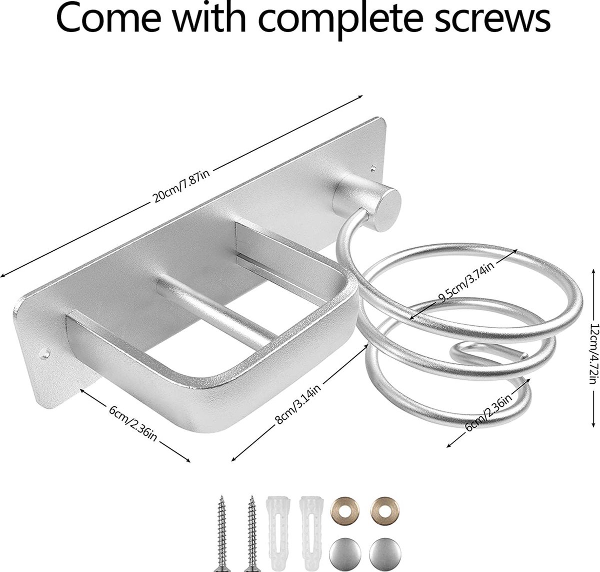 Haardrogerhouder wandhouder voor magnetische haardrogers, aluminiumlegering houder met stekker koord organizer haak (grijs