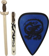 houten zwaard met schede draak en ridderschild blauw met draak kinderzwaard ridder schild