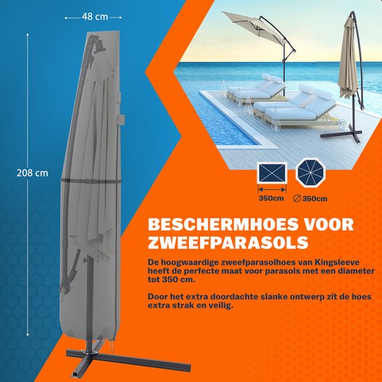 Grijze parasolhoes met afmetingen 208cm x 48cm, voor parasols tot 350cm.