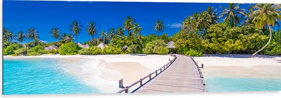 Dibond - Vlonder over het Strand van de Maledieven - 120x40 cm Foto op Aluminium (Wanddecoratie van metaal)