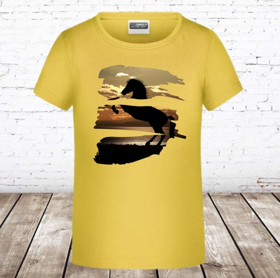 Geel kinder t shirt met paardenprint -James & Nicholson-134/140-t-shirts meisjes