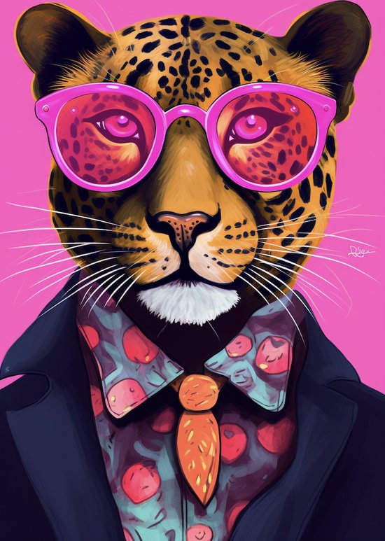 Decoratie Posters - Jaguar met Bril Roze - Moderne Kunst - Wanddecoratie - Interieur Design - 51x71 - YR - Geschikt om in te lijsten