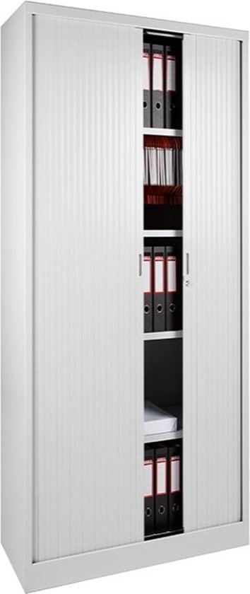 Witte archiefkast met een rolldeuren, vier planken met ordners en een slot.