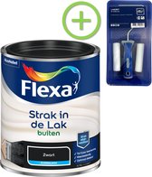 Flexa Strak in de Lak Zijdeglans - Buitenverf - Zwart - 750 ml + Flexa Lakroller - 4 delig