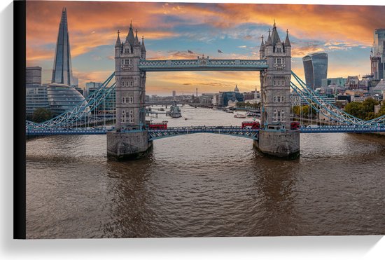 Canvas - Vooraanzicht van de Tower Bridge in Londen tijdens Zonsondergang - 60x40 cm Foto op Canvas Schilderij (Wanddecoratie op Canvas)