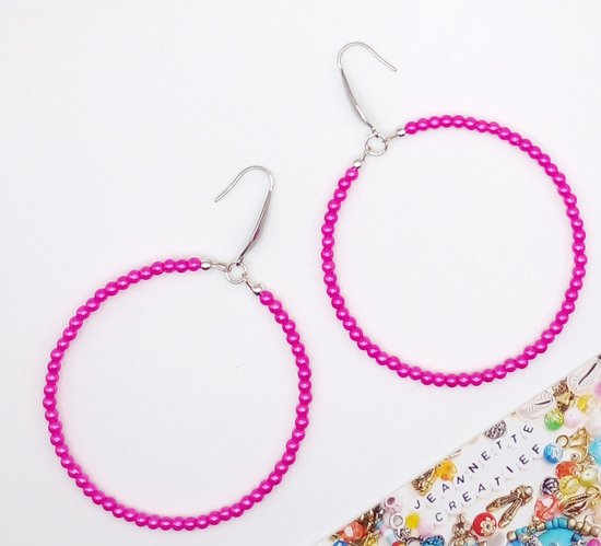 Jeannette-Creatief® - Beach - Pink Pearls - Zilveren oorringen - Roze oorbellen - Fuchsia - Dames Oorbellen - Hoops