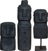 Stenenbeeld - set van 3 - stenen beeldhouwwerk - stonemen - zwart - stenen poppetje - sumba stone - stoneman - op standaard - ornament op voet