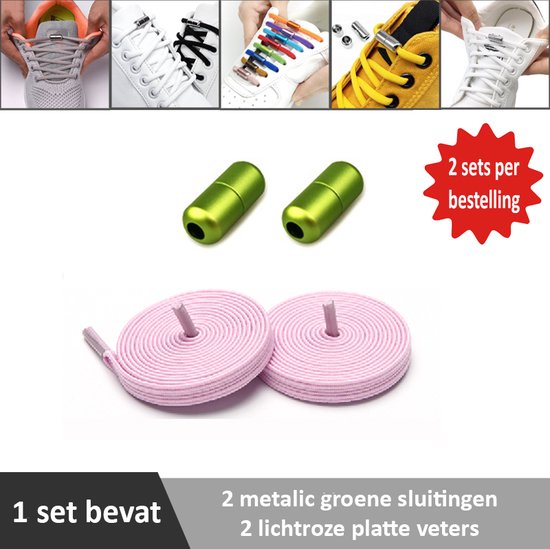 2 paar lichtroze platte elastische veters met metalic groene sluitingen. Je hoeft voortaan nooit meer je veters te strikken.