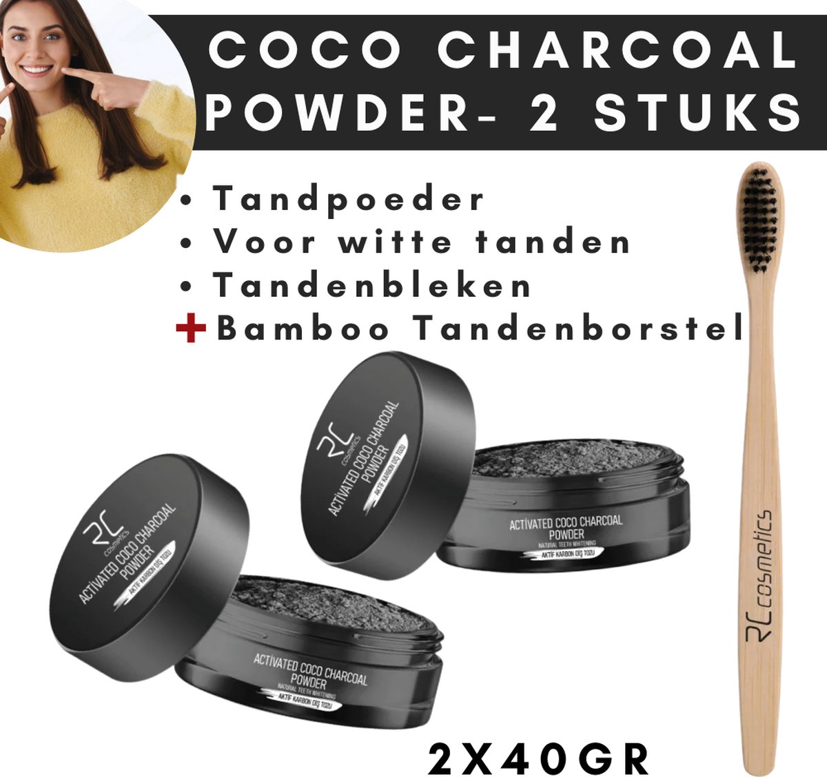 Activated Charcoal Whitening Tandpoeder 2 stuks - Tanden bleken - Tooth Powder - 2x40gr - Zwarte bleek poeder