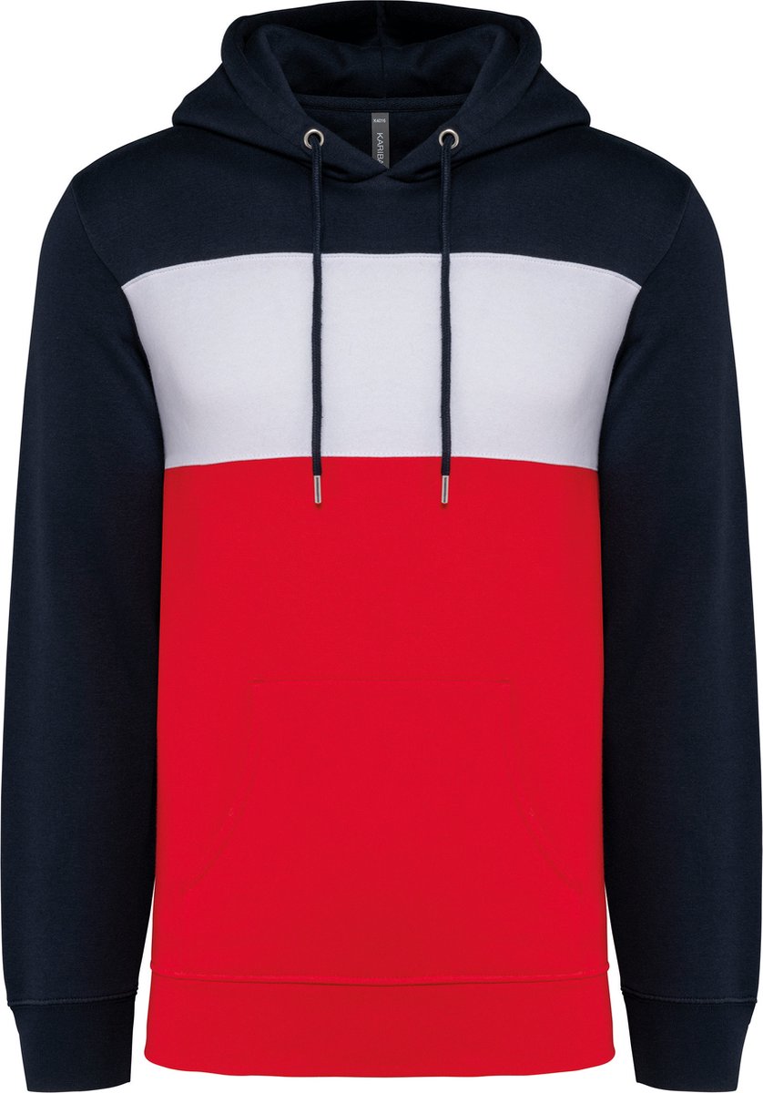Driekleurige unisex hoodie met capuchon merk Kariban Donkerblauw/Wit/Rood - L