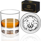 Whisky glasses, lion pattern, thick base, tumbler set of 2, 300 ml, whisky glasses, rum glasses, gin, vodka, glasses set for bar, party, men's gifts, Christmas gifts, whisky gifts