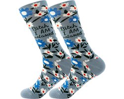 Bloemetjes sokken met grappige tekst: Bitch I am Relaxed. Dames Sokken maat 38-41 - Funny socks