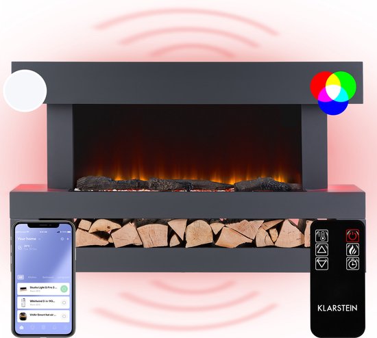 Klarstein Studio Light & Fire 3 Smart Haard - LED Vlammenillusie - Verwarmingsfunctie Met 1000/ 2000W - Wifi-Bediening - Sfeerverlichting - Helderheid Vlammen: 5 Standen - Vlammen: 7 Kleuren - Aan/Uit Timer - MDF Behuizing - LED-Display - Donkergrijs