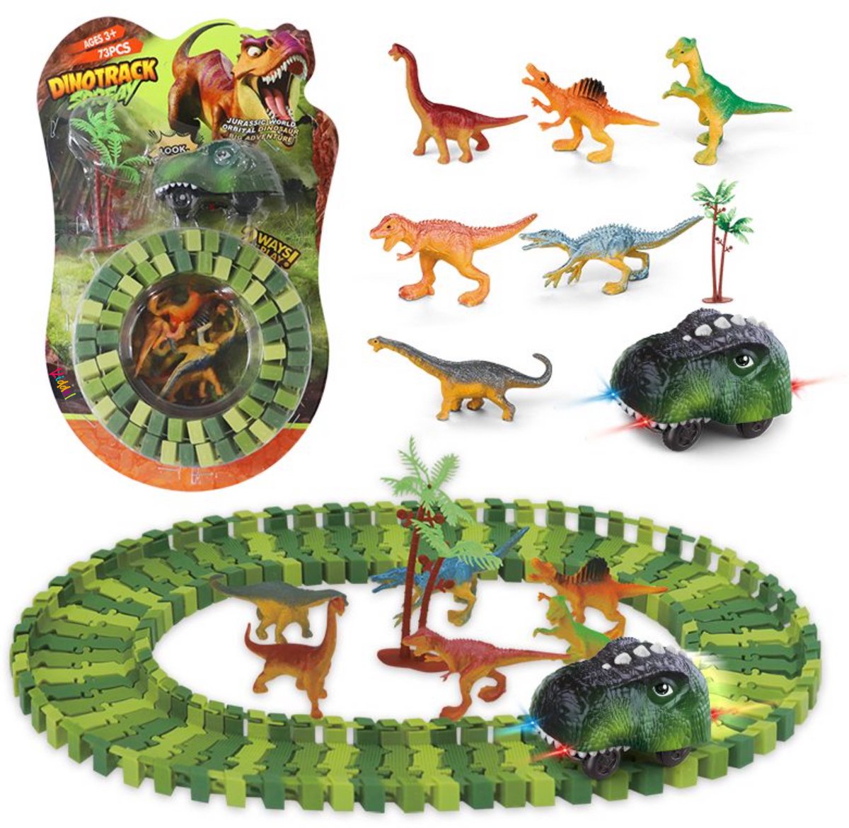 XL Dinosaurus auto Race Baan - Uitbreidingsset Elektrische Dino Karts met LED, 73 onderdelenUitbreidbaar & Flexibel Ontwerp met accesoires bouwsets kinderen 3 jaar 4 jaar trein