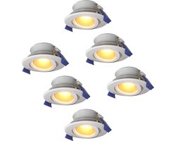 Set van 6 Lima LED inbouwspots - 4 Watt 345 lumen - 2700K Warm wit - GU10 - Dimbaar - Rond - Kantelbaar - IP65 Waterdicht - Wit - Voor binnen, buiten en badkamer
