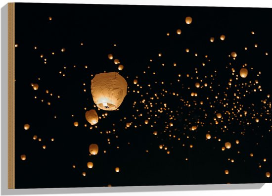 Hout - Lucht Vol Oranje Lampionnen - 75x50 cm - 9 mm dik - Foto op Hout (Met Ophangsysteem)