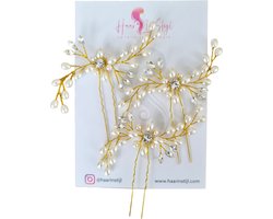 Haar in Stijl® Safa Serie - Set van 3 gouden haarsteken met kristallen en parel kraaltjes | Haaraccessoires haarversiering voor dames bruid feest bruidsmode | Haarpin haarschuifje haarsteek