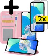 Hoesje Geschikt voor Samsung A14 Hoesje Book Case Hoes Wallet Cover Met 2x Screenprotector - Hoes Geschikt voor Samsung Galaxy A14 Hoesje Bookcase Hoes - Lichtroze
