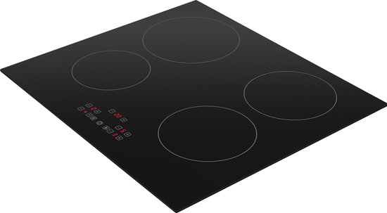 Zwarte inductiekookplaat met 4 kookzones en digitaal bedieningspaneel met rode cijfers.