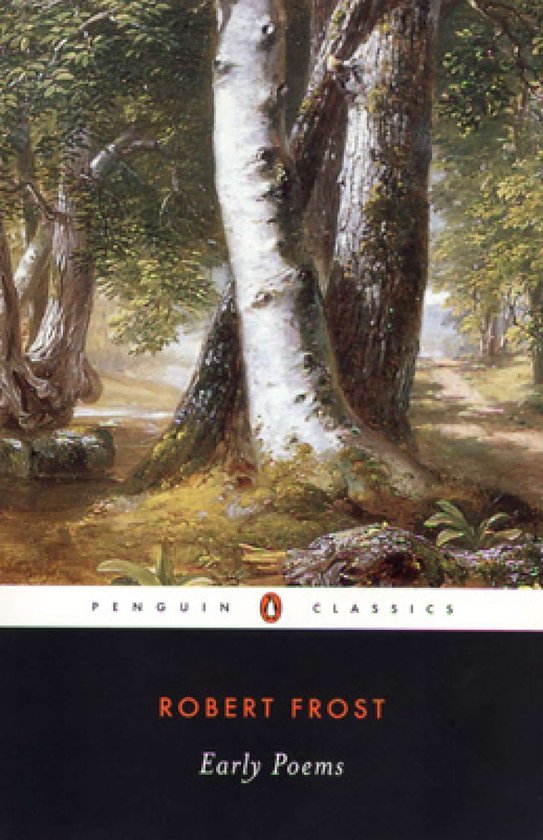 Boekcover van Robert Frost Early Poems, met een schilderij van bomen in een boslandschap.