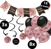 Verjaardag Versiering Pakket 50 jaar Roze en Zwart - Ballonnen Zwart & Roze (8 stuks) - Vlaggenlijn Rosé en Zwart 6 meter (1 stuks) - Vlaggenlijn gekleurd 50 jarige - Vlaggetjes Slinger Verjaardag 50 Birthday - Birthday Party Decoratie (50 Jaar)