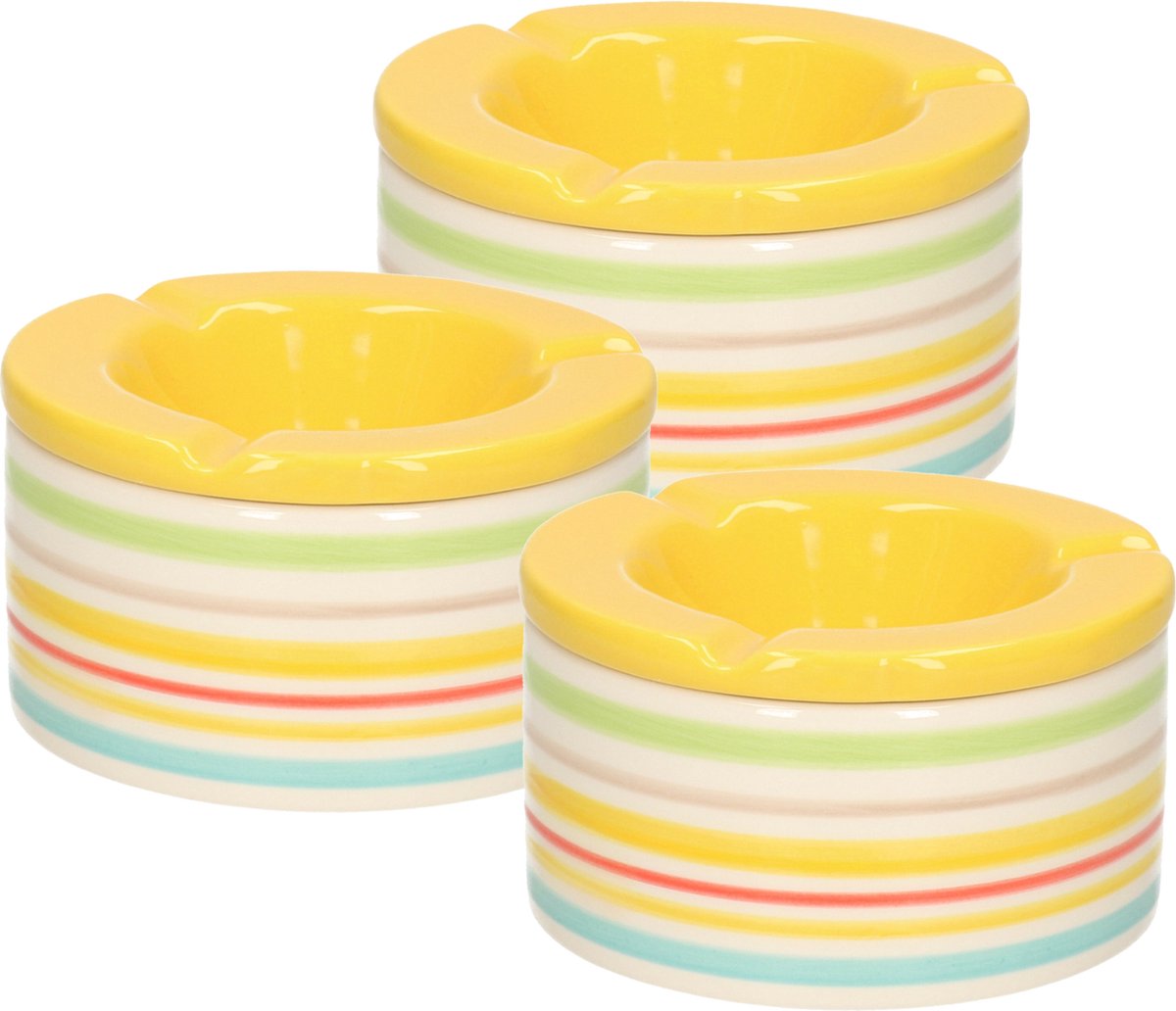 Goedkoopste Gekleurde terrasasbak/stormasbak - met geel deksel - 10x stuks - keramiek - 12 cm