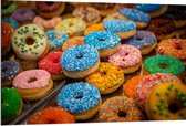 Dibond - Rij Verse Donuts met Verschillende Kleuren Sprinkles - 120x80 cm Foto op Aluminium (Wanddecoratie van metaal)