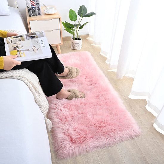 JXLOULAN Faux lamsvacht, schapenvacht, tapijt, roze, 50 x 80 cm, pluizig bont, woonkamerdecoratie, langhaar, zacht, voor stoelen, bank, slaapkamer, kinderkamer