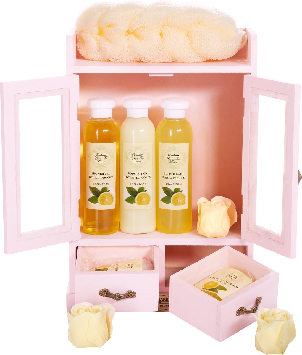 Goedkoopste BRUBAKER Cosmetics - 10-delige Bad- en Verzorgingsset - Groene Thee & Citroen - in een Vintage Houten Kastje Wit
