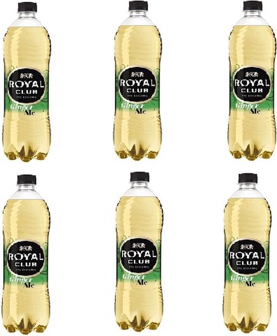 Zes flessen Royal Club Ginger Ale van 1 liter, met een lichtgele drank en zwarte doppen.