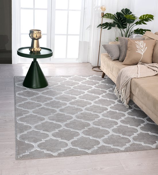 le tapis Tapis Knight Elegant, Haute qualité, Tapis de salon, Poils courts doux, Effet 3D, Éléments de design brillants, Structure High-Low, Grijs, 80 x 150 cm