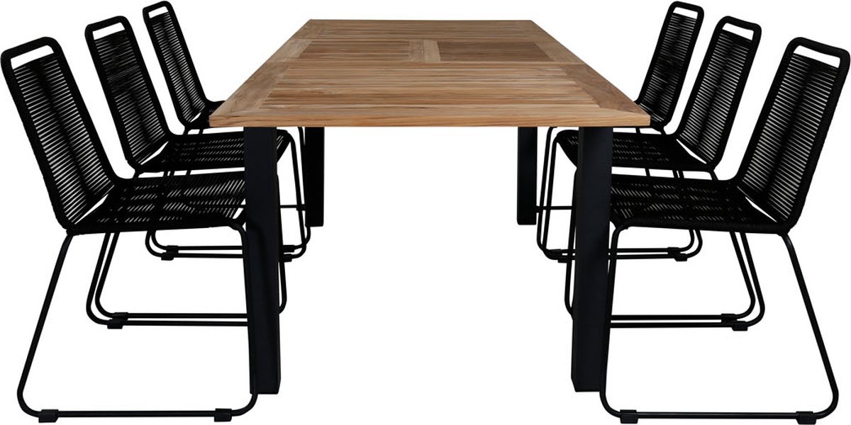 Panama tuinmeubelset tafel 90x152/210cm en 6 stoel stapelS Lindos zwart, naturel.