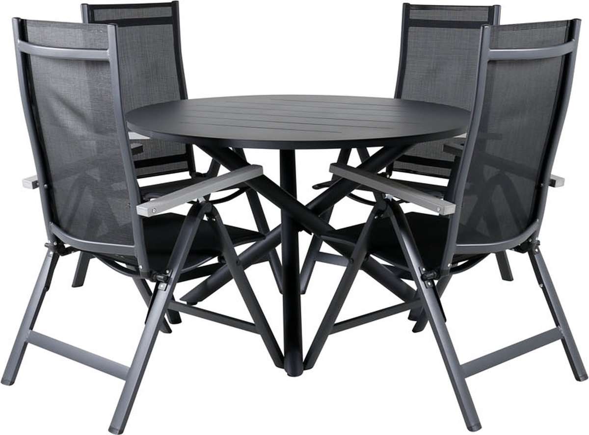 Alma tuinmeubelset tafel Ø120cm en 4 stoel L5pos Albany zwart.