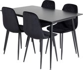 SilarBLExt eethoek eetkamertafel uitschuifbare tafel lengte cm 120 / 160 zwart en 4 Polar Diamond eetkamerstal velours zwart.